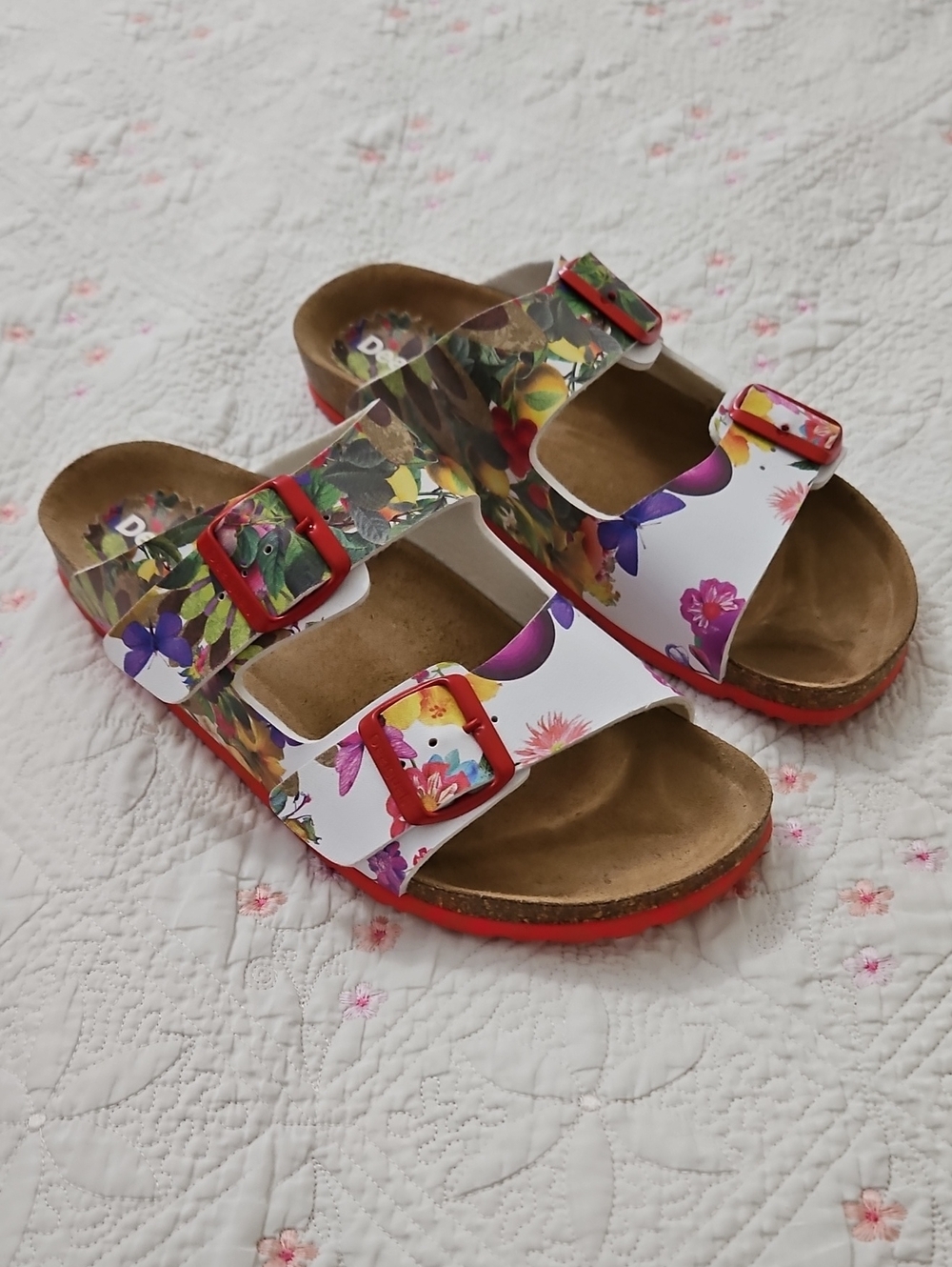 Desigual White Floral Buckle Slipon Sandals Sz 8-8.5 Womens